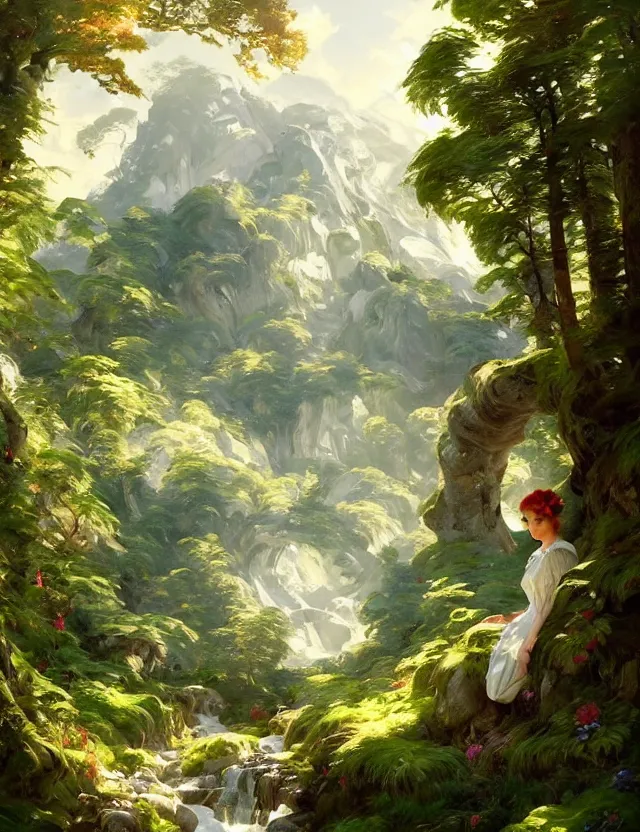 Prompt: beautiful white castle in a mountain forest valley, beautiful landscape, lush foliage, painted by karl kopinsky, john singer sargent, tom bagshaw, norman rockwell, alfonso muha, lolish, trending on artstation