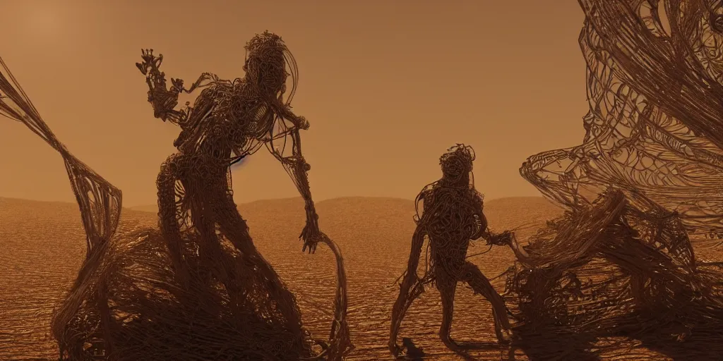 Image similar to A George Miller film, an ornate real character made out of intricate metallic filament webs and Endocrine system built out of dust and light, floating in the desert night, hyper-realism, very detailed feel, rendered in Octane, tiny points of light, caustic, 4k, beautiful lighting