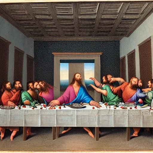 Prompt: The Last Supper, with acrobats in the trapeze