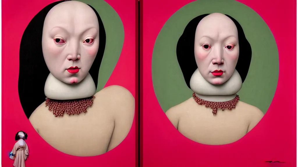 Prompt: symmetrical portrait of a woman wearing a pink silicone mask and hair rolls, wearing a red dress by alexander mcqueen, standing in a garden, cream white background, bjork aesthetic, translucent, masterpiece, in the style of rogier van der weyden and jacopo da pontormo, by mark ryden, punk, asian art,