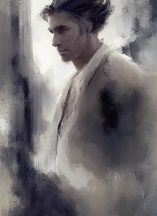 Prompt: handsome young man, long fringy white hair, clean shaven, by jeremy mann, by greg rutkowski, by noah bradley, digital painting