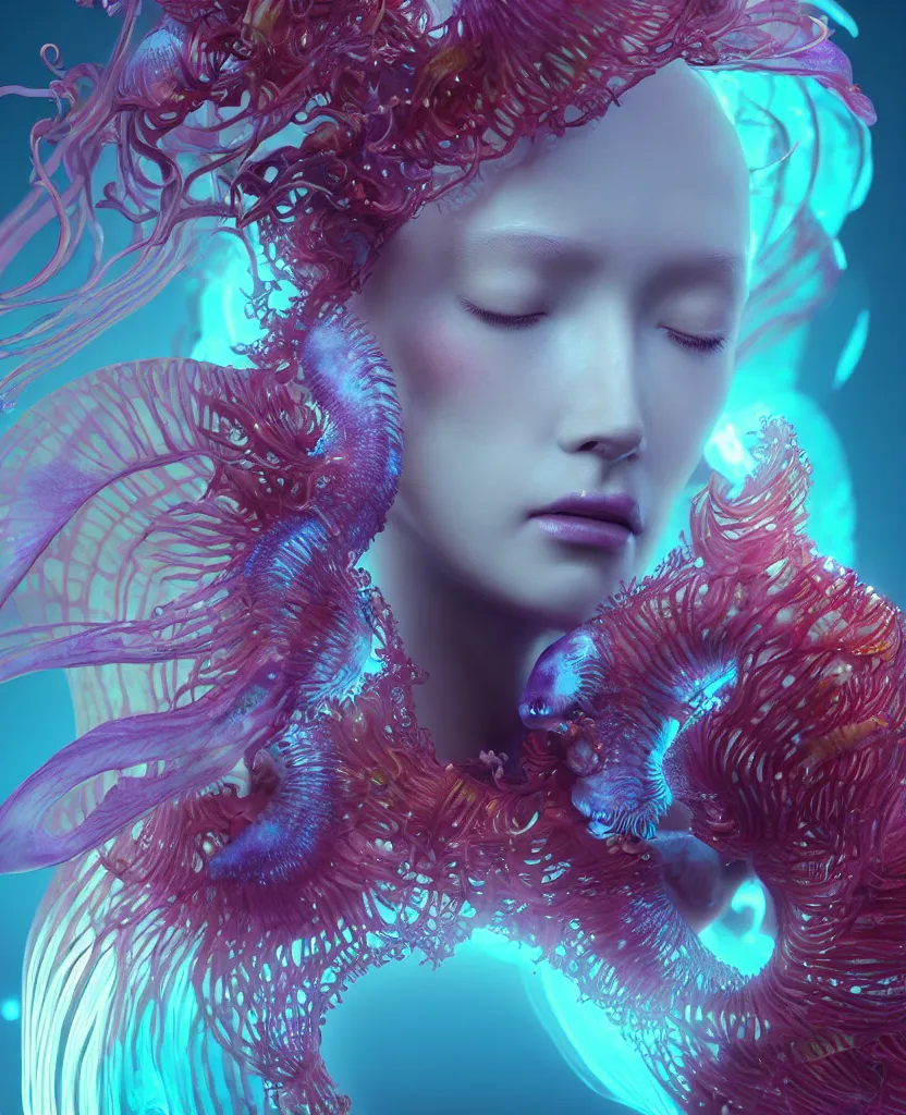 Image similar to goddess close-up portrait. orchid jellyfish phoenix head, nautilus, skull, betta fish, bioluminiscent creatures, intricate artwork by Tooth Wu and wlop and beeple. octane render, trending on artstation, greg rutkowski very coherent symmetrical artwork. cinematic, hyper realism, high detail, octane render, 8k