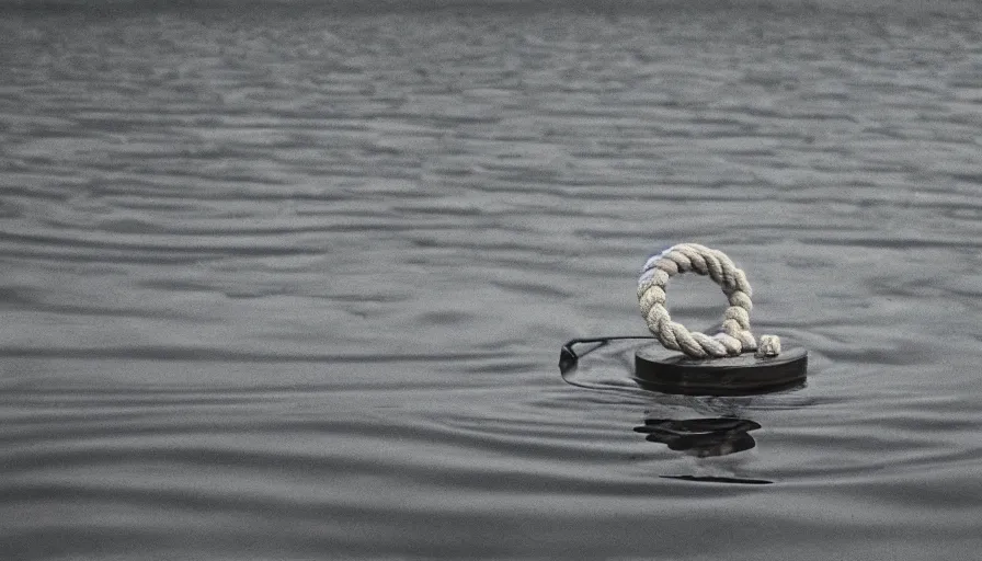 Image similar to photograph of a centered rope floating on the surface of the water, the rope is snaking towards the center of the lake, a dark lake on a cloudy day, anamorphic lens, kodak color film stock