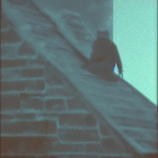 Image similar to a grainy realistic photograph of santa ontop of a rooftop climbing down a chimney at night, shot on an old polaroid camera, grainy vhs texture 4 k, realistic, unreal engine 5, sharp details, 3 0 0 dpi