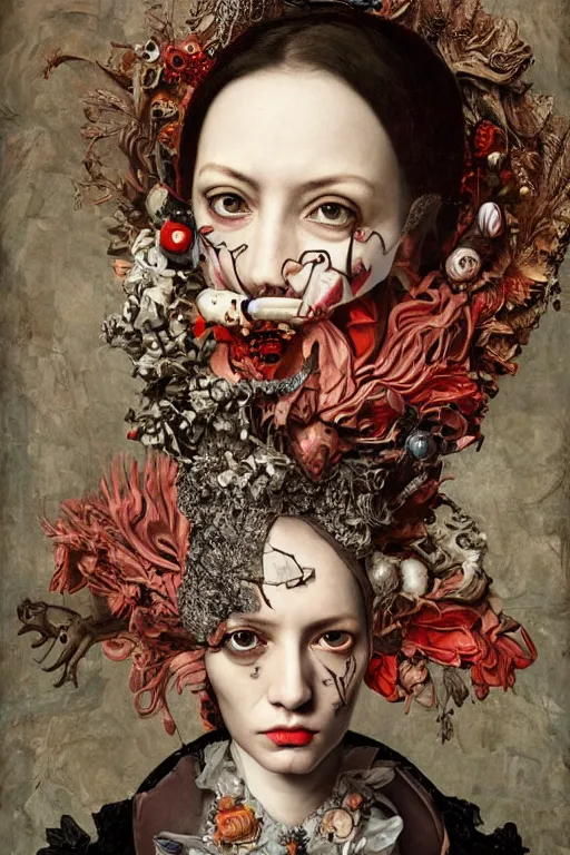 Image similar to Detailed maximalist portrait with large lips and wide white eyes, angry expression, HD mixed media collage, highly detailed and intricate, surreal, illustration in the style of Caravaggio and James Jean, dark art, baroque