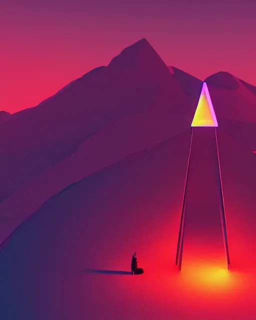 Image similar to a man standing in the middle of a mountain with a glowy neon triangle, a render by filip hodas, behance contest winner, environmental art, rendered in cinema 4 d, volumetric lighting