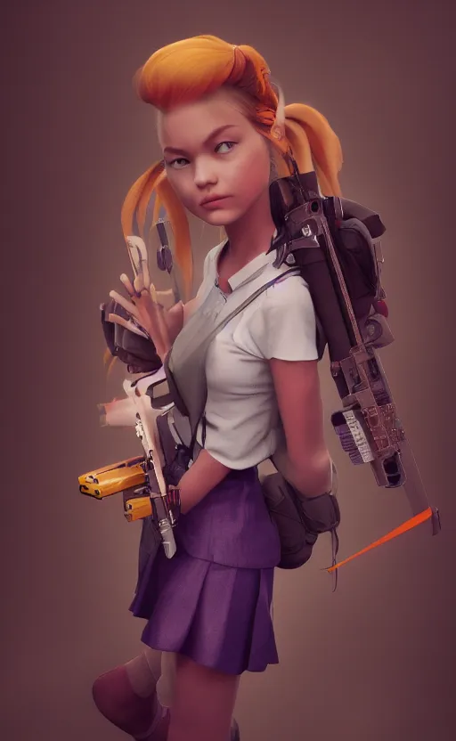 Prompt: magical and mystical school girl holding a m 2 1 sws on modern a office, octane render, rembrandt, cgsociety, artstation trending, highly detailded