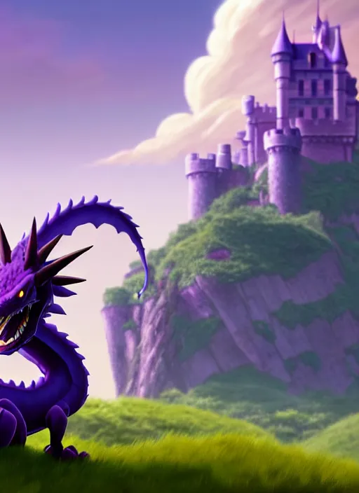 Image similar to a wholesome animation key shot of a purple dragon, castle in the background, studio ghibli, pixar and disney animation, sharp, rendered in unreal engine 5, anime key art by greg rutkowski, bloom, dramatic lighting