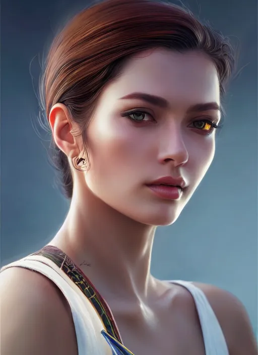 Image similar to photo of a gorgeous young woman in the style of stefan kostic, realistic, sharp focus, 8k high definition, insanely detailed, intricate, elegant, art by stanley lau and artgerm