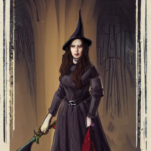 Prompt: medieval witch in grand hall, trending on artstation