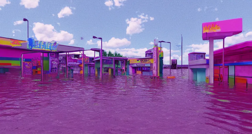 Prompt: 80s VHS vaporwave outrun 3d Render of a flooded german playground, liminal space retro, grainy, noisy