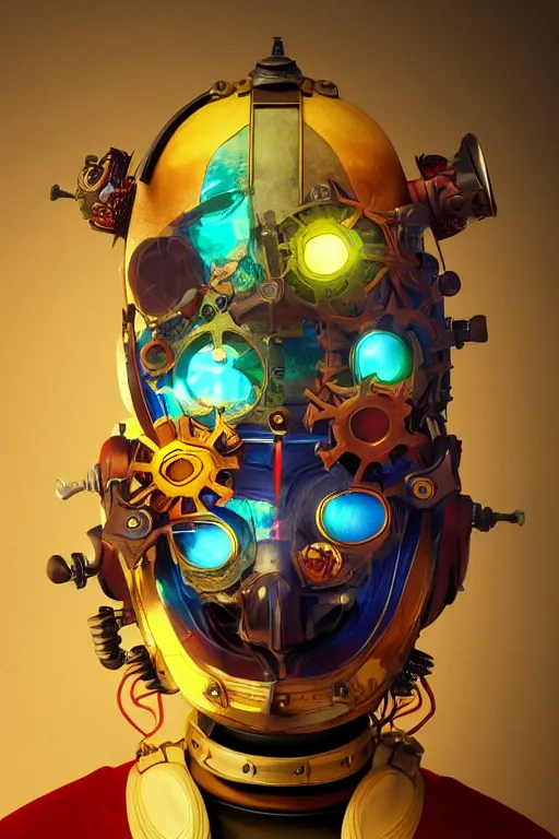 Image similar to colorful vivid steampunk mask minimalist fantasy art robot ninja helmet, global illumination ray tracing hdr fanart arstation by sung choi and eric pfeiffer and gabriel garza and casper konefal
