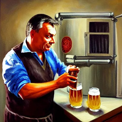 Image similar to viktor orban brewing beer in his kitchen, oil painting