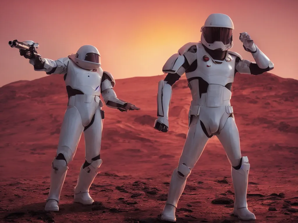 Image similar to gigachad space trooper in glossy sleek white armor with small red details, no helmet! , long red cape, heroic posture, firing laser rifle, on the surface of mars, dramatic lighting, sunset, cinematic, sci-fi, hyperrealistic, movie still