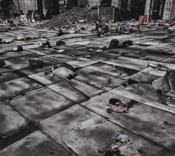 Prompt: a cement pavement with many people laying dead in an urban apocalyptic setting, photograph, HD, cinematic