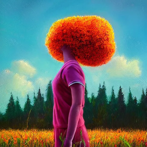 Image similar to girl with flower afro, standing in a field with flowers, surreal photography, hills, big trees, sunrise dramatic light, impressionist painting, colorful clouds, digital painting, pointillism, artstation, simon stalenhag