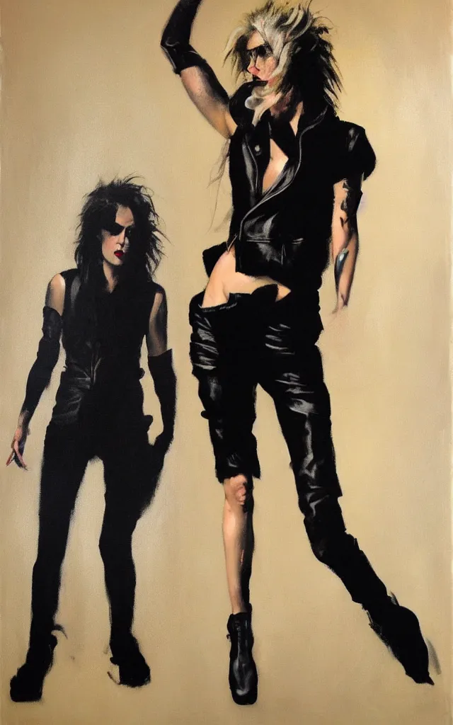 Image similar to full body portrait of an androgynous glam rocker in the style of phil hale, sfumato