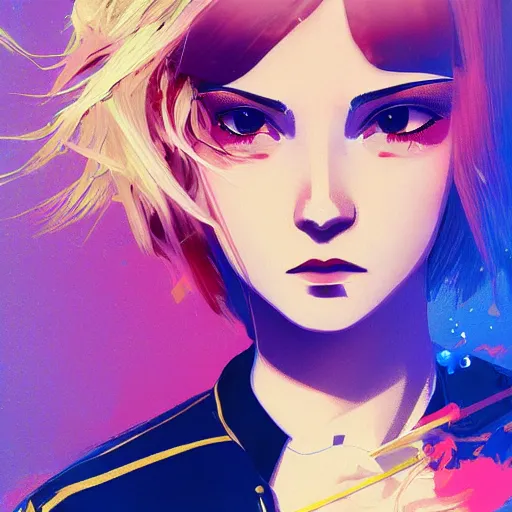 Image similar to ilya kuvshinov with long sky blue hair, gold eyes, amber eyes, boy face, professional digital painting, concept art, award - winning photography, cinematic, wlop, color block, pop, hip, art by andy warhol, pixiv art, yoshitaka amano