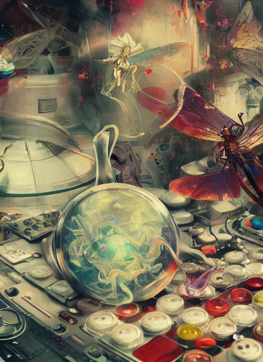 Image similar to surreal gouache painting, by yoshitaka amano, by ruan jia, by Conrad roset, by good smile company, detailed anime 3d render of a medicine pills Surrounded by a magical dragonfly and a big DJ Mixer, deck, portrait, cgsociety, artstation, rococo mechanical and Digital and electronic, dieselpunk atmosphere