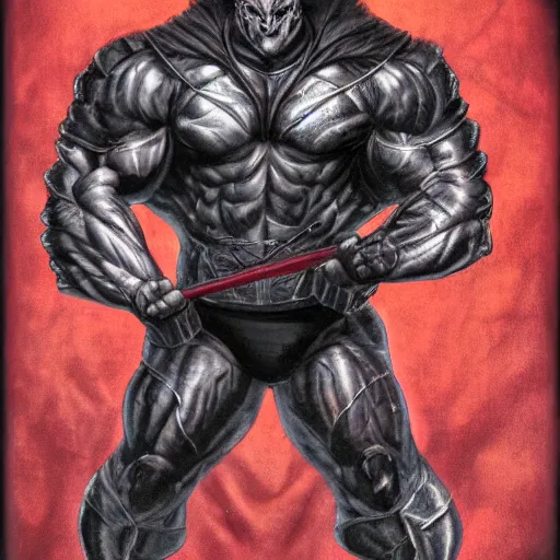 Image similar to a highly detailed character portrait of a muscular man wearing a epic shadow armor with glowing red eyes