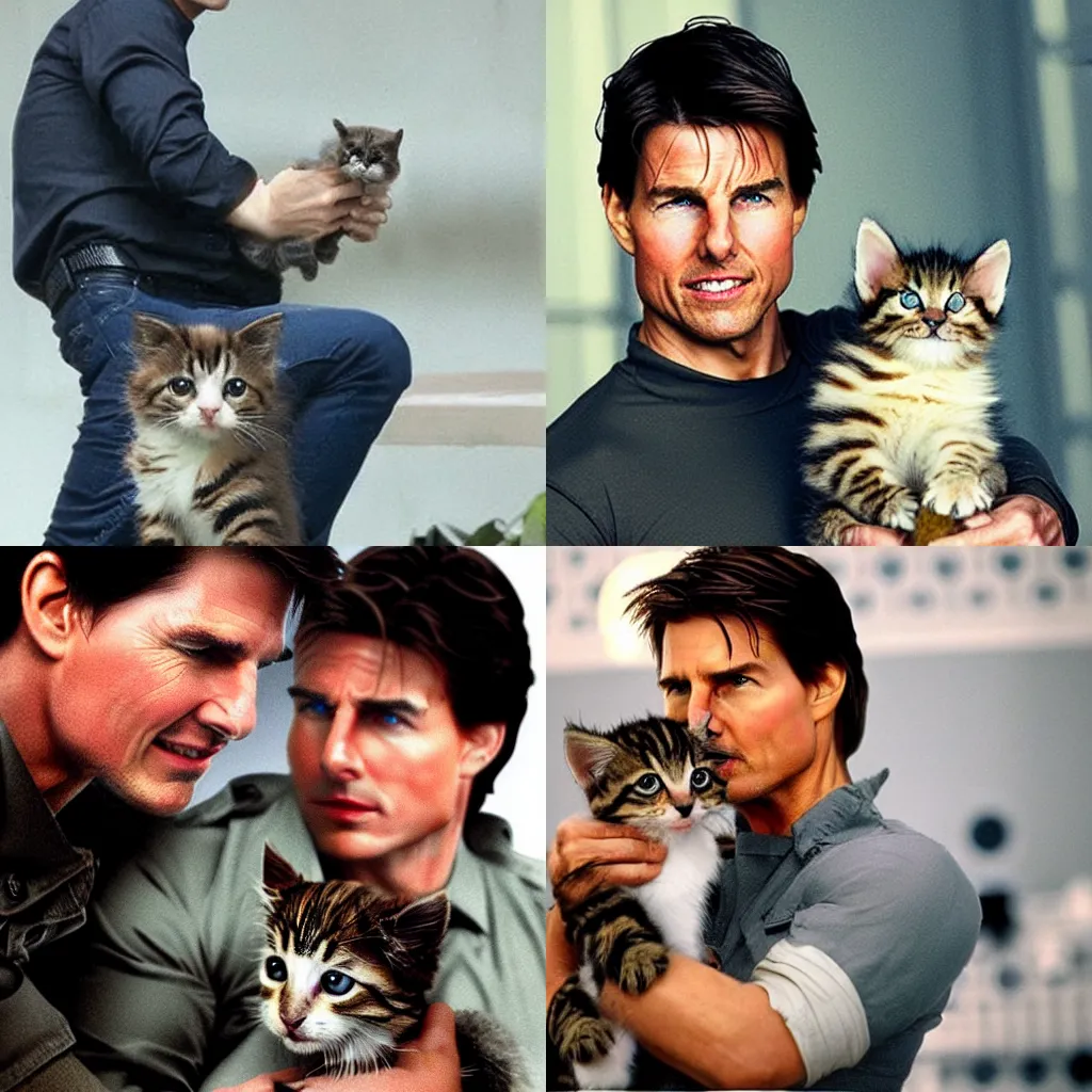 Prompt: Tom Cruise on a Mission Impossible with a cute kitten, photorealistic