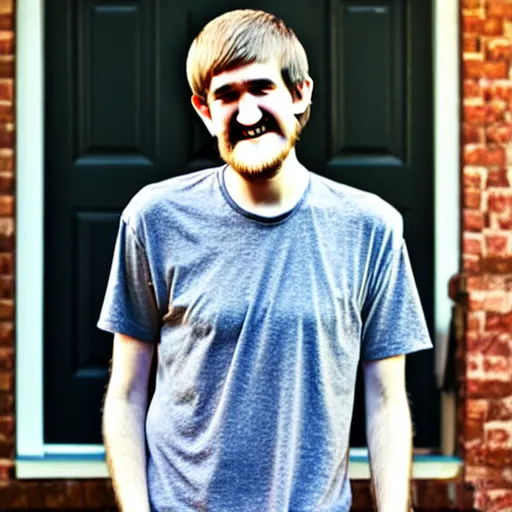 Image similar to bearded bo burnham outside of his house, smiling and dancing