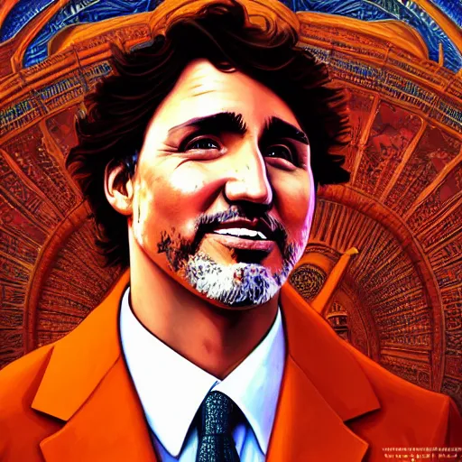 Image similar to portrait justin trudeau wearing orange pheta, setting taj mahal, ssci - fi and fantasy, intricate highly detailed digital painting, artstation, concept art, smooth and sharp focus, illustration, art by tan zi and ayanamikodon and alphonse mucha and wlop