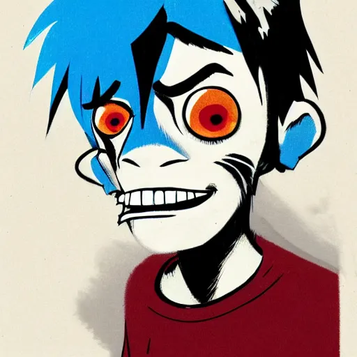 Image similar to a man with messy blue hair and all - black eyes, portrait, gorillaz style, jamie hewlett