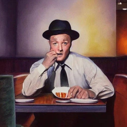 Image similar to beautiful lifelike painting of gene kelly demanding a refund on undercooked overpriced dinosaur steak in downtown dive bar bistro, hyperreal detailed facial features and uv lighting, art by osamu sato