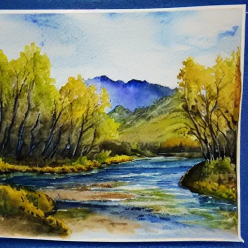 Prompt: river, mountains, beautiful trees, watercolor painting