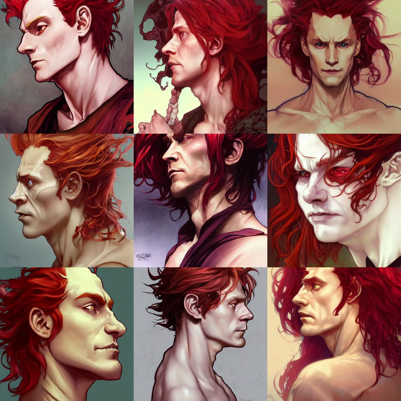 Prompt: hisoka, tom hiddleston, art by artgerm and greg rutkowski and alphonse mucha, reddish hair, sly expression, d & d, fantasy, portrait, highly detailed, side profile, digital painting, trending on artstation, concept art, sharp focus, illustration