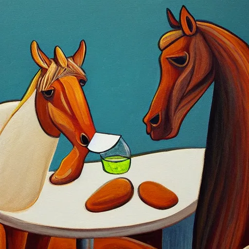 Image similar to a painting of a horse picking its nose, while in a cafe