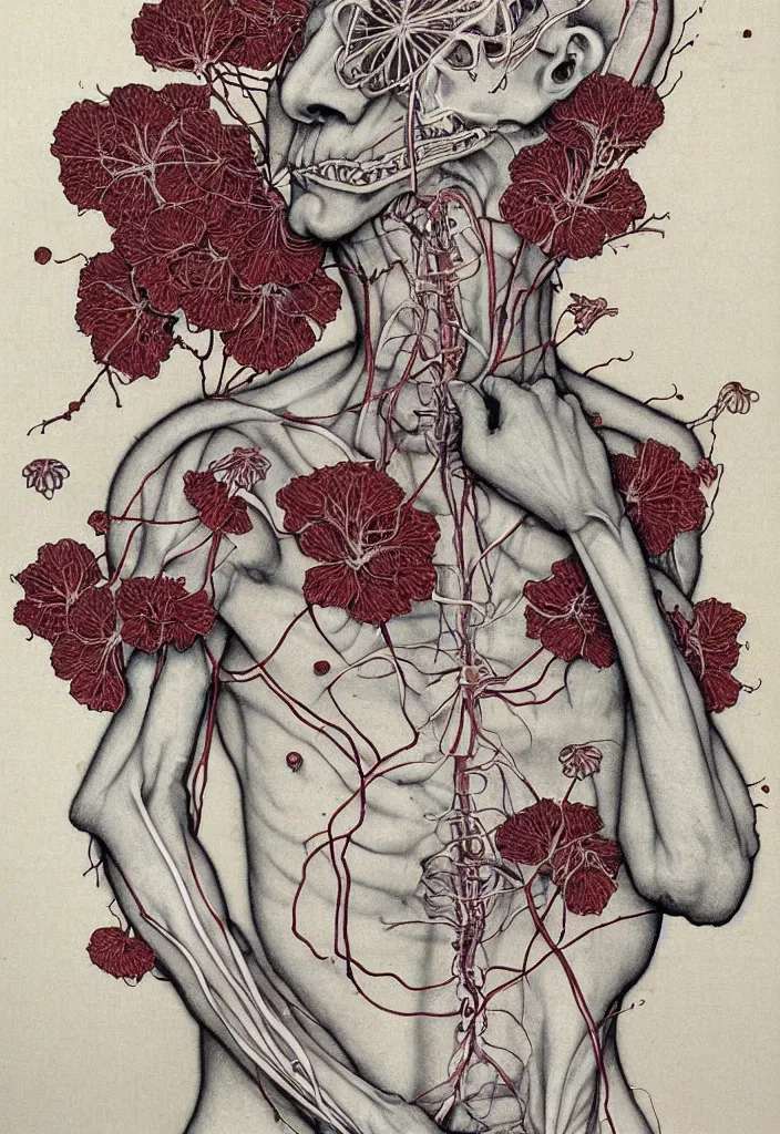 Image similar to prompt: anatomy dissection drawing veins and leaf blood system human shaped flower character drawn by Takato Yamamoto, petals and flower head, flower anatomy atlas, veins and organs attached to flower head, alchemical objects inspired by 1980's sci-ci, old experimentation cabinet, intricate oil painting detail, manga 1980