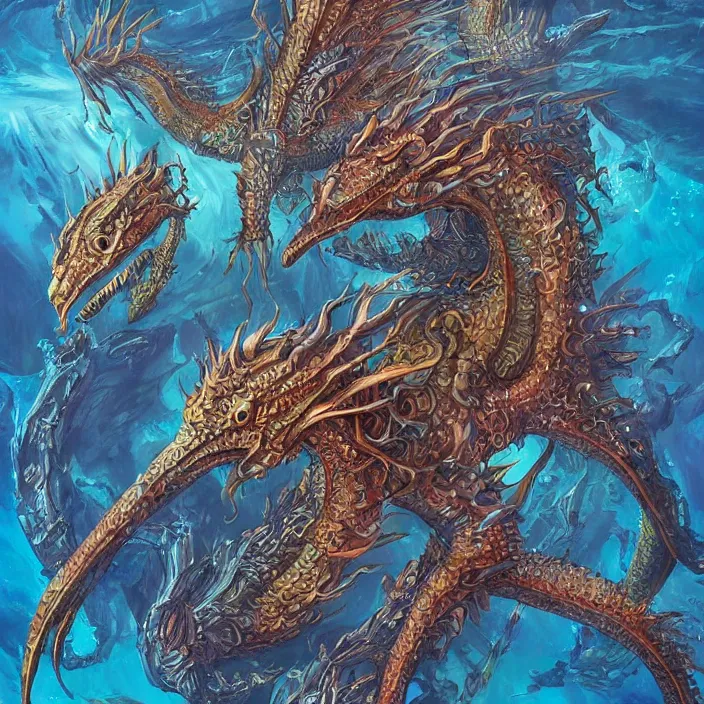 Prompt: underwater sea dragon full body, d & d style, trending on artstation, intricate, highly detailed, vivid painting, colorful, art by yugin maffioli