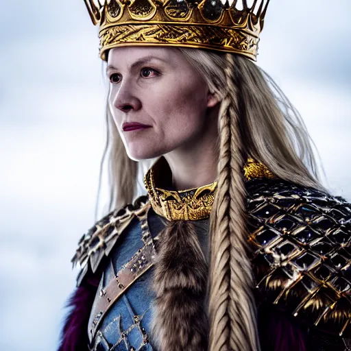 Prompt: photo of a real-life beautiful nordic warrior queen with ornate cloak and crown, 8k, HDR, award-winning, sharp focus, volumetric lighting,