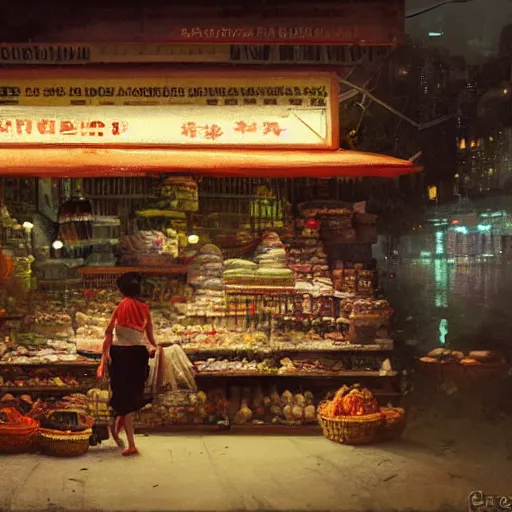 Image similar to a traditional provision shop in singapore at night, by greg rutkowski