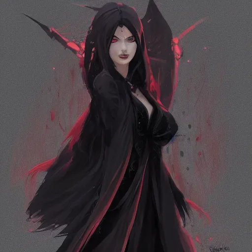 Image similar to female human vampire witch in the style of greg rutkowski, makoto shinkai, trending on artstation, character design, concept art, pretty face, highly detailed, long black hair, portrait, digital art