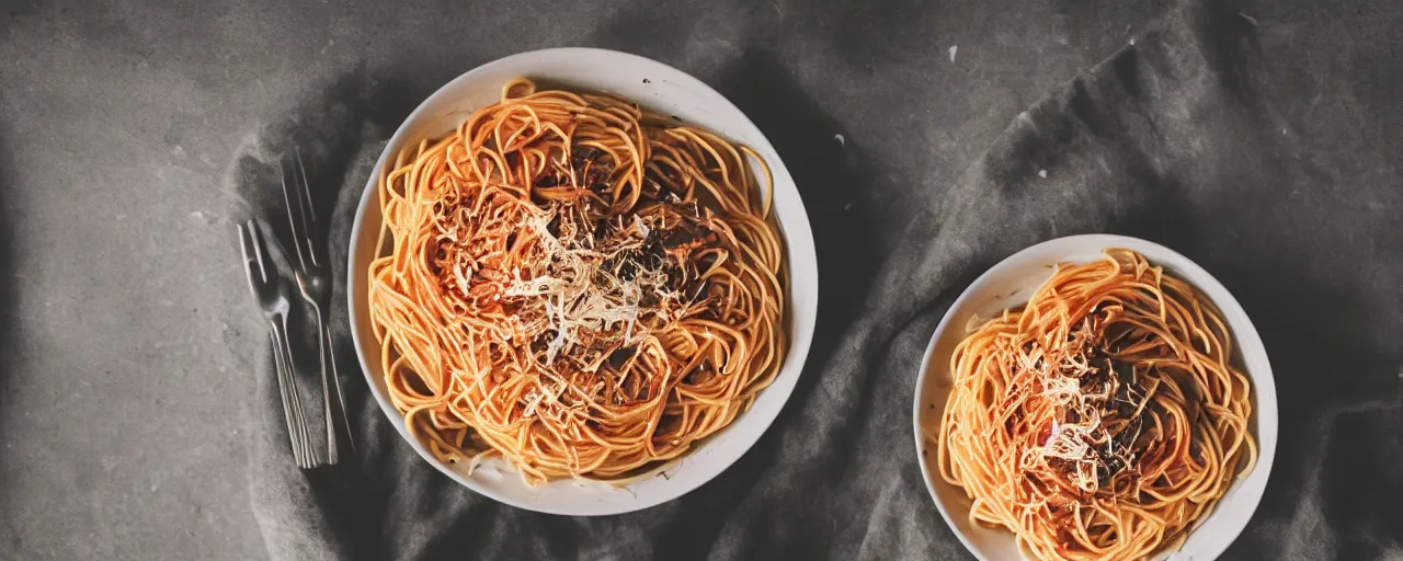 Prompt: the entirety of human history inside a bowl of spaghetti, canon 5 0 mm, cinematic lighting, photography, retro, film, kodachrome