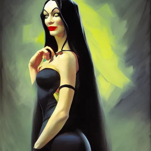 Image similar to greg manchess portrait painting of morticia from addams family as overwatch character, medium shot, asymmetrical, profile picture, organic painting, sunny day, matte painting, bold shapes, hard edges, street art, trending on artstation, by huang guangjian and gil elvgren and brom