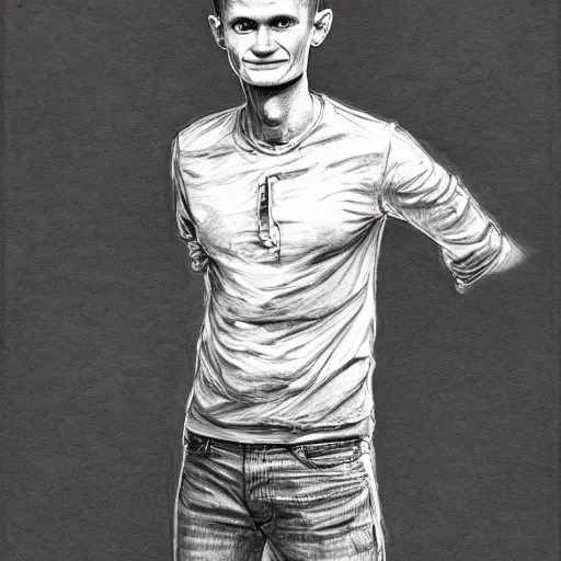 Image similar to full body sketch of vitalik buterin, perfect anatomy, full body, watercolor background, pencil art, ink and pencil, hyperrealistic, hyperdetailled, digital art, greg rutkowski, artstation, 8 k, beautiful drawing, paper texture, spray paint, watercolors