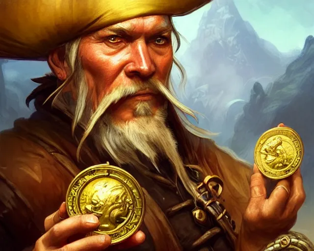 Image similar to old pirate looking carefully at a gold coin, deep focus, d & d, fantasy, intricate, elegant, highly detailed, digital painting, artstation, concept art, matte, sharp focus, illustration, hearthstone, art by artgerm and greg rutkowski and alphonse mucha