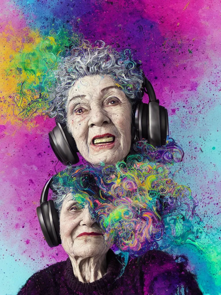 Prompt: medium shot portrait of dreamy 8 0 - year - old woman with curly grey hair and headphones, otherworldly smoke, pixiv fanbox, dramatic lighting, maximalist rainbow color palette, splatter paint, pixar and disney concept, graphic novel by fiona staples and dustin nguyen, peter elson alan bean wangechi mutu, clean cel shaded vector art, on artstation