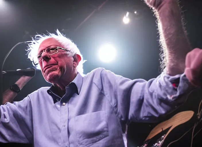 Image similar to publicity photo still of bernie sanders in a punk band playing live on stage, 8 k, live concert lighting, mid shot