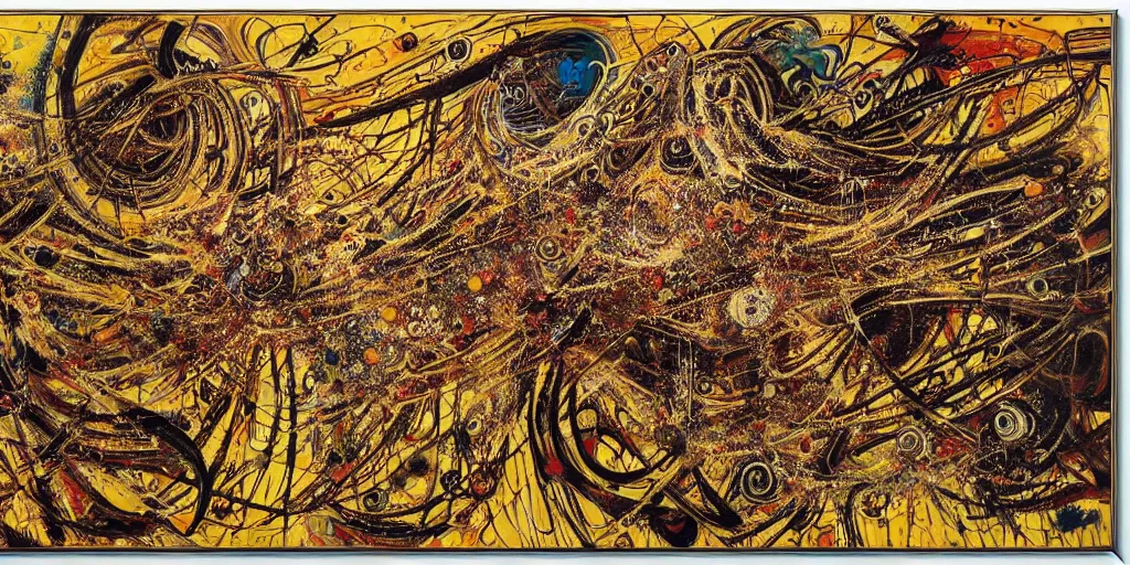 Prompt: an intricate and complex abstract painting with a lot of stains, golden threads, brown holes, surreal style, colorful, hyper detailed, jackson pollock,