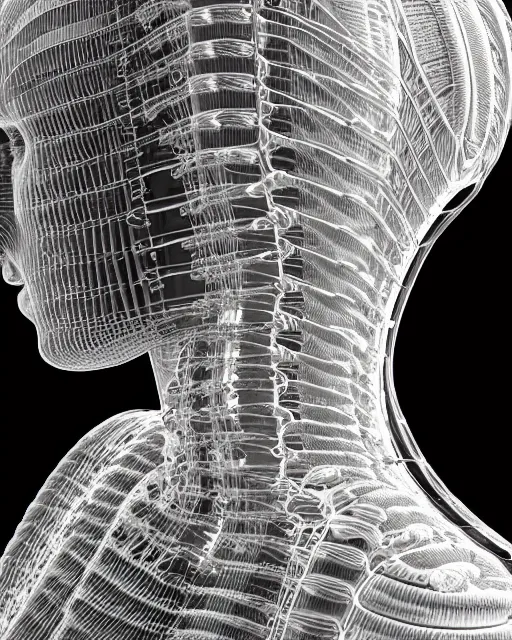 Prompt: mythical dreamy black and white organic bio-mechanical spinal ribbed profile face portrait detail of translucent steampunk mechanical beautiful female angelic-human-queen-realistic-cyborg, highly detailed, intricate crystal jelly ornate, poetic, 3D render, digital art, octane render, 8K artistic photography, photo-realistic, by Dora Maar