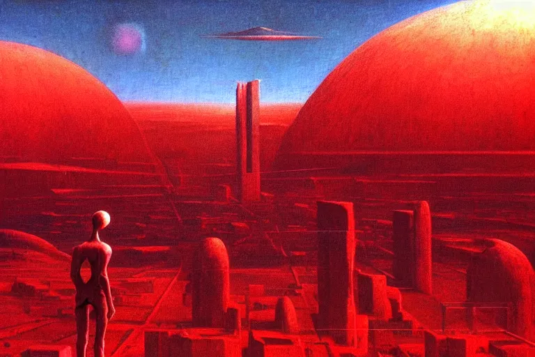 Image similar to only with red, red god of death eat apple, a futuristic city on mars in the background, an ancient path, in the style of beksinski, part by hopper, part by rodcenko, part by hofbauer, intricate composition, red by caravaggio, insanely quality, highly detailed, masterpiece, red light, artstation, 8 k