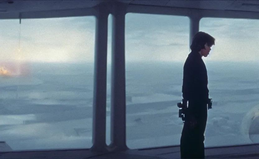 Image similar to iconic cinematic still portrait shot of luke skywalker downtrodden standing with a view of coruscant at sunset, from the thrilling scene from the 1 9 9 0 s sci fi film directed by stanley kubrick, moody cinematography, foggy volumetric lighting, hyper detailed scene, anamorphic lenses 2 4 mm, lens flare, award winning