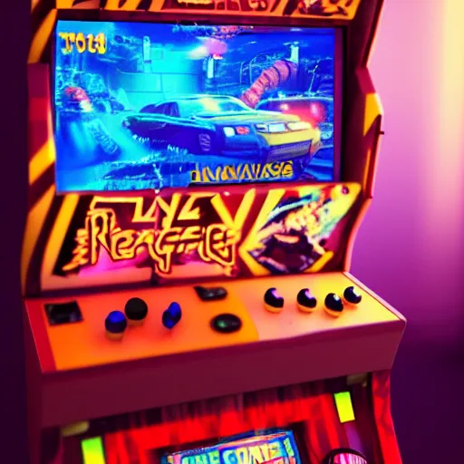 Image similar to 1990s arcade machine, octane render, unreal engine, digital art, Artstation, Trending on Artstation, Artstation HQ, Artstation HD, cgsociety, Pinterest, 8k , close up to the screen, godrays, volumetric, reflections, cinematic, epic, accurate, coherent, 3D Render,