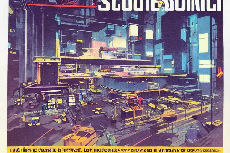 Image similar to 1979 Popular science Magazine Cover of a warehouse in neo-Tokyo in cyberpunk style by Vincent Di Fate