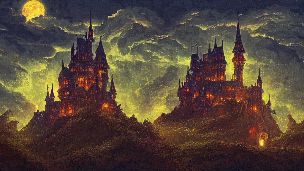 Prompt: ドット絵 and Pixel Art, Dark old fantasy castle on the hill, night cloudy sky, rain, lighting, thunder painting, Alchemy, Fantasy, 8 bit game, Pixel art background